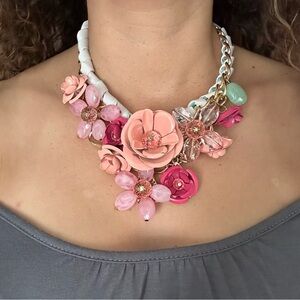 Floral Statement Necklace in Pink White Mint and Gold #WKL